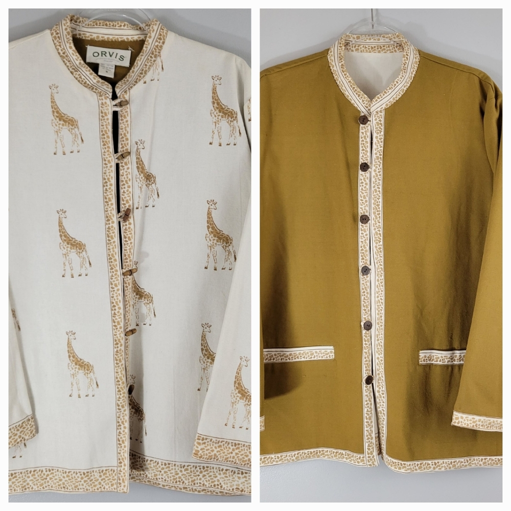 ORVIS reversible cream mustard giraffe safari print button front cotton jacket